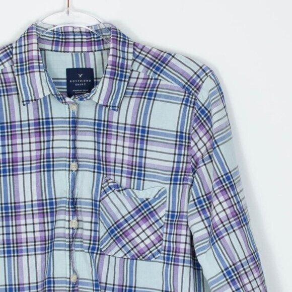 American Eagle Womens Boyfriend‎ Plaid Button Down Shirt Size Large Blue Casual - Picture 2 of 9